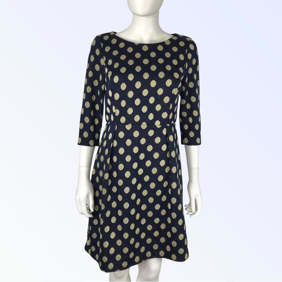 Boden Dress Gold Metallic & Navy Blue Knitted Polka Dot Knee Length - Picture 1 of 8